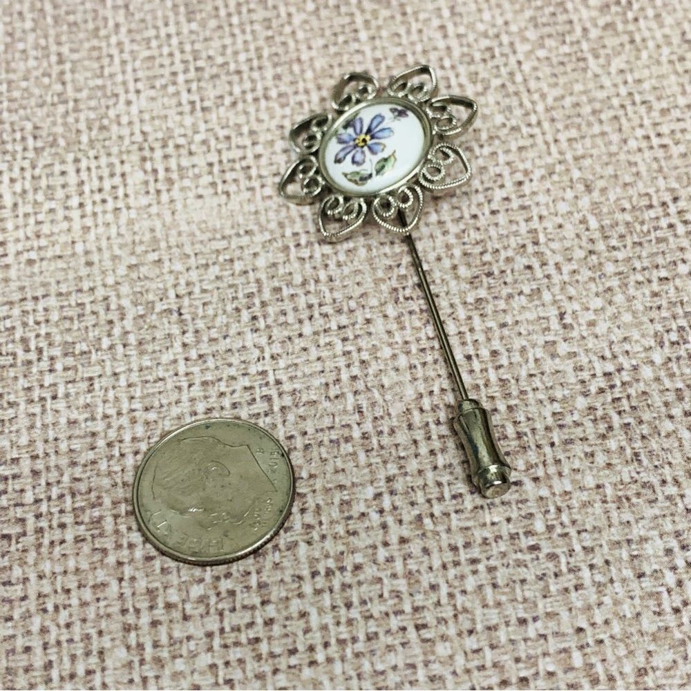 VTG Silver Porcelain Floral Stick Pin